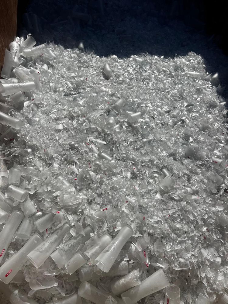 Shredded, clear plastic medical device waste piled together in a bin.