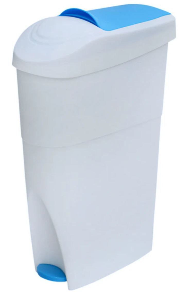 White and blue diaper pail with a hinged lid and foot pedal.