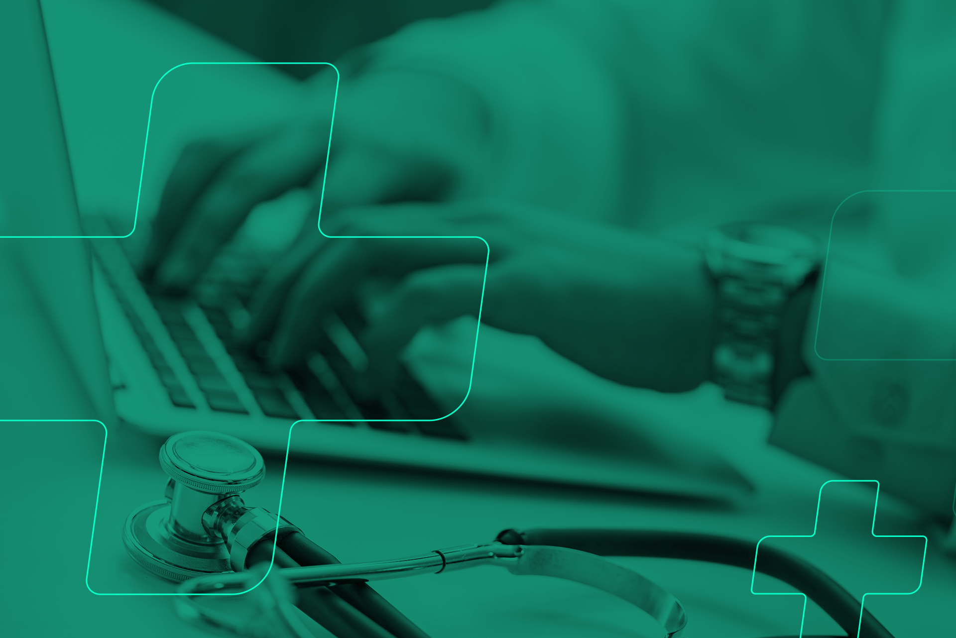 Uma pessoa está digitando em um laptop ao lado de um estetoscópio.