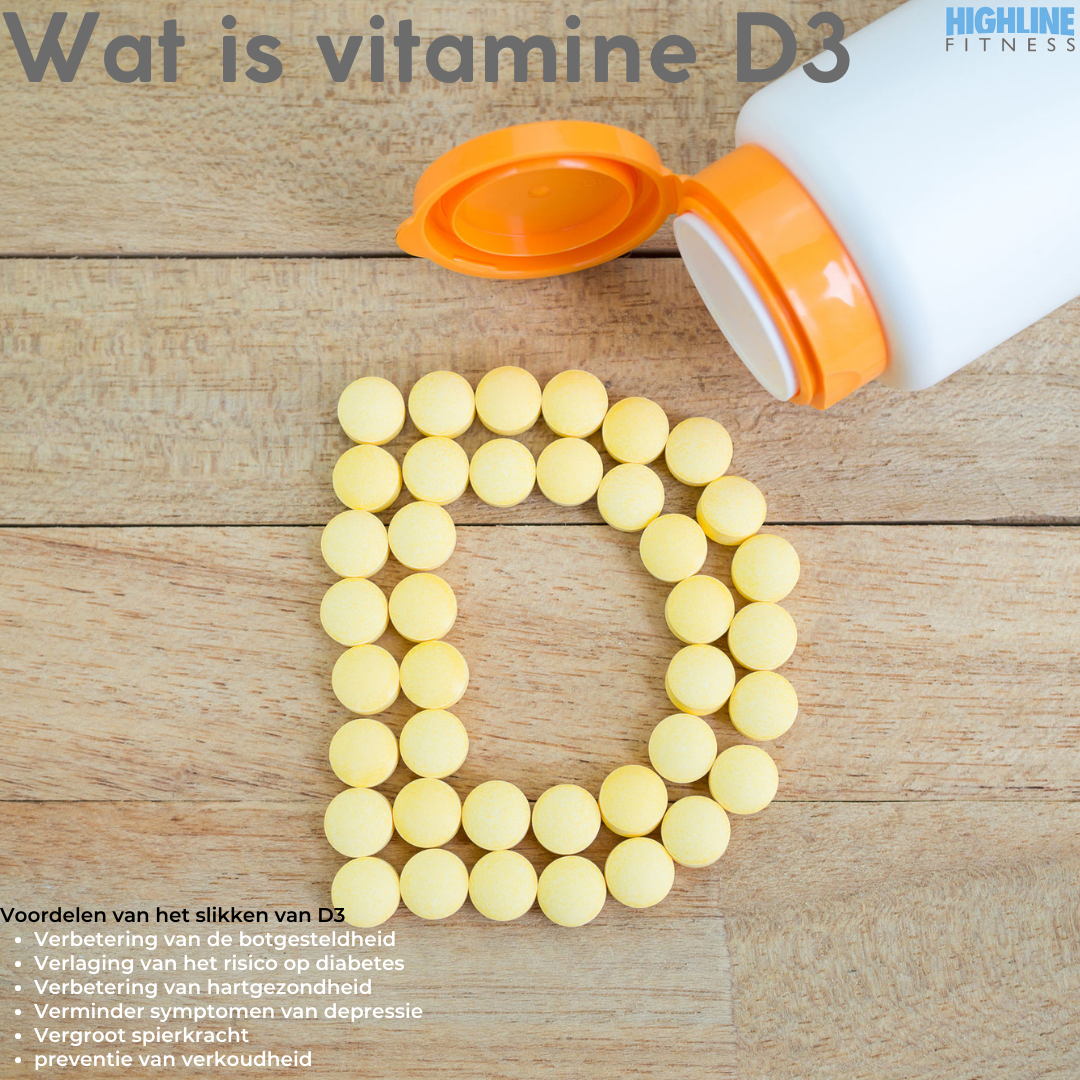 Een fles wat is vitamine d3 staat op een houten tafel