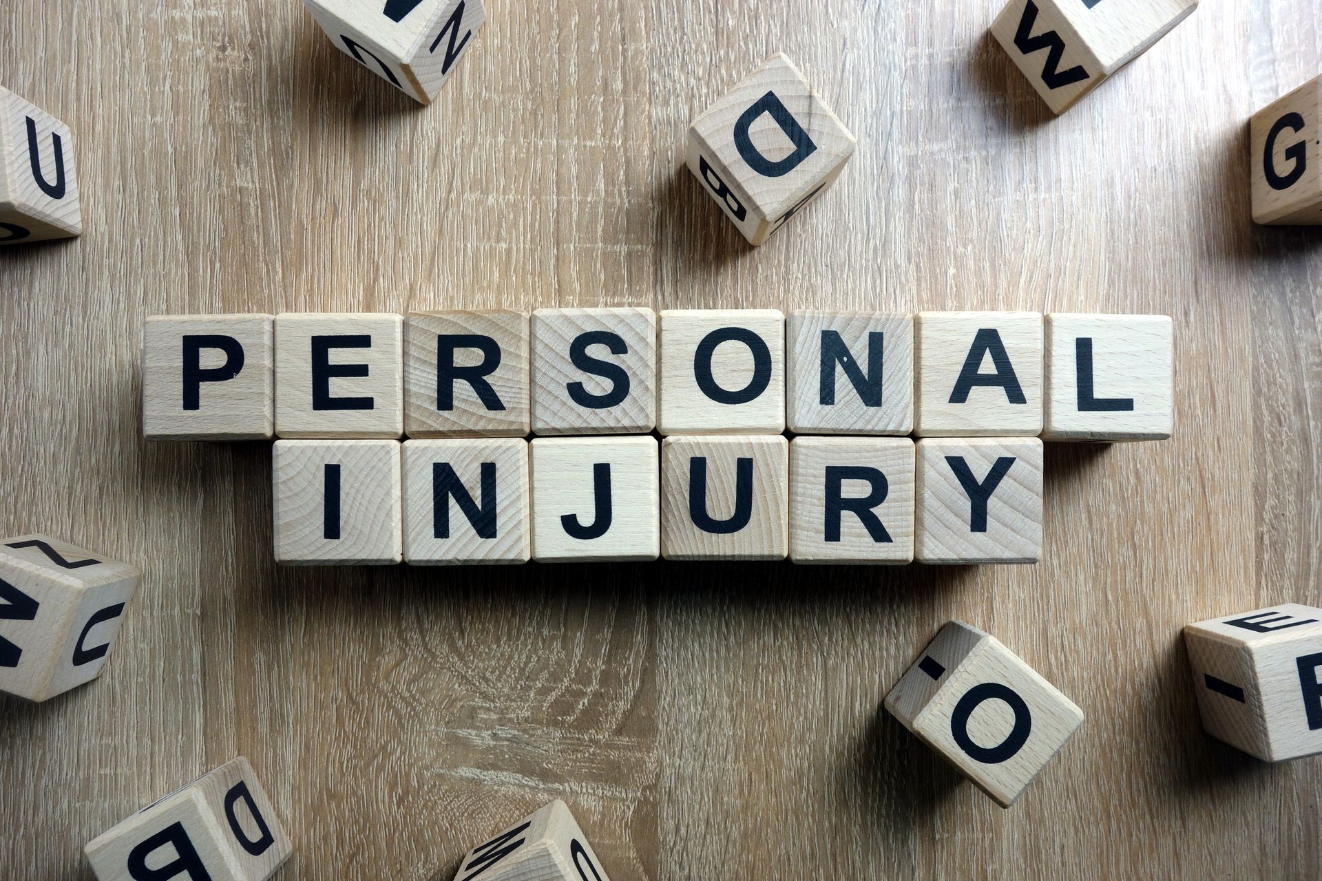 The word personal injury is written on wooden blocks on a wooden table.