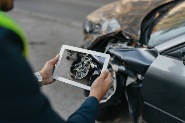 A man is holding a tablet in front of a damaged car.