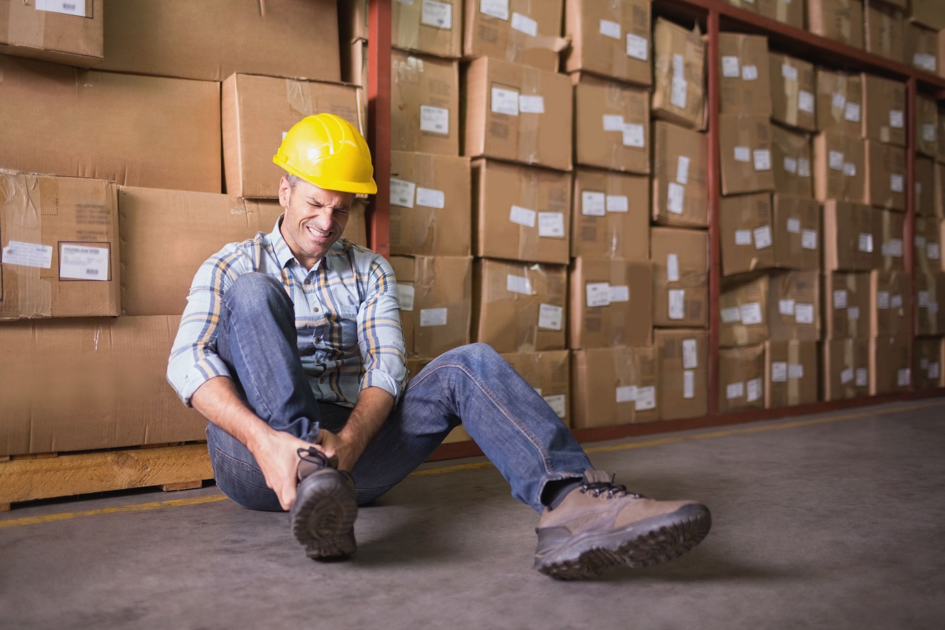 A man in a hard hat is sitting on the floor in a warehouse.