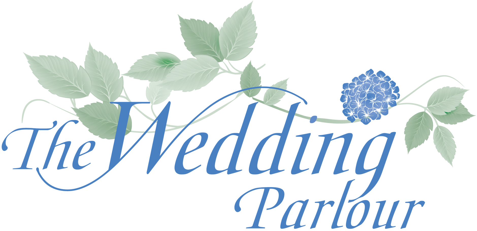 Logo for The Wedding Parlour with blue text and floral accents.