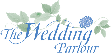 Logo for The Wedding Parlour with blue text and floral accents.
