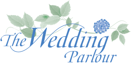 Logo for The Wedding Parlour with blue text and floral accents.
