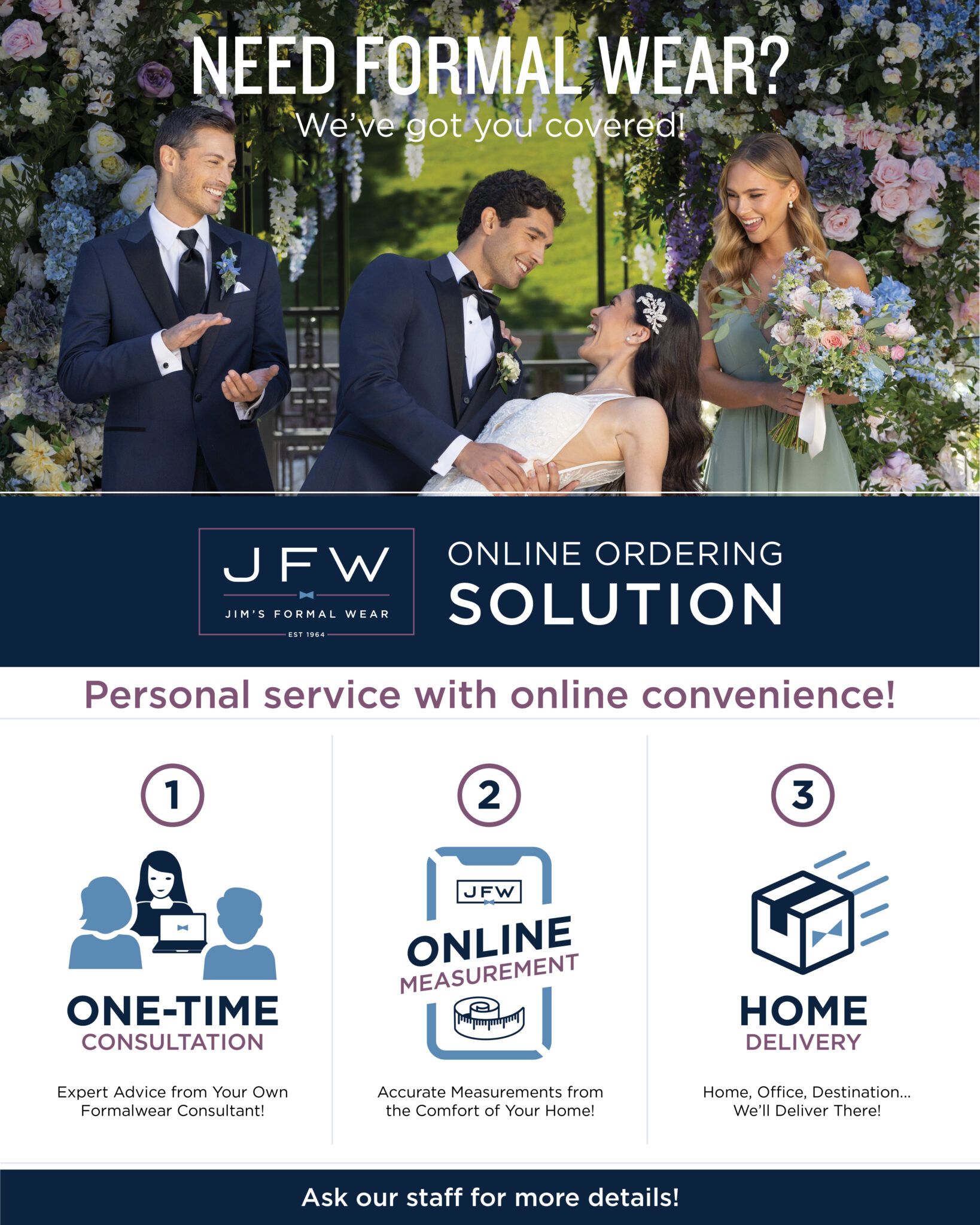 Formal wear ad: wedding party, groom with bride, online ordering, home delivery, personal service.
