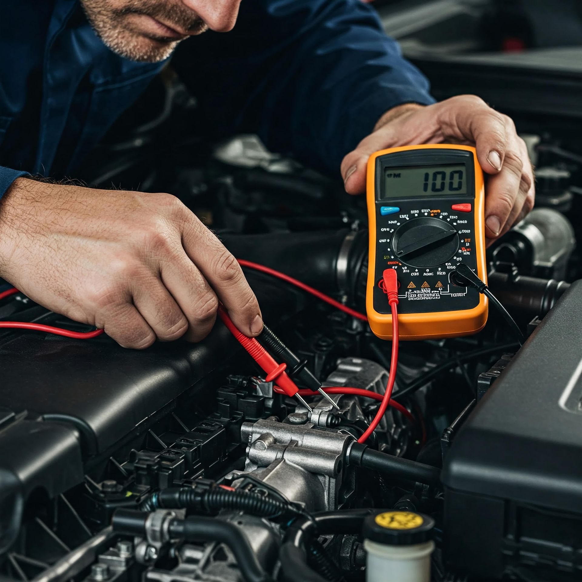 Mechanic using multimeter to test car engine components in a vehicle bay.