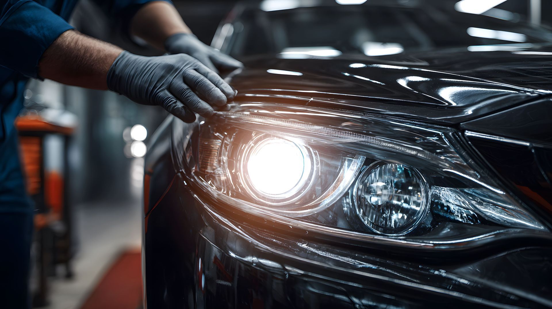 Mechanic in gloves examining a car's headlight in a garage.