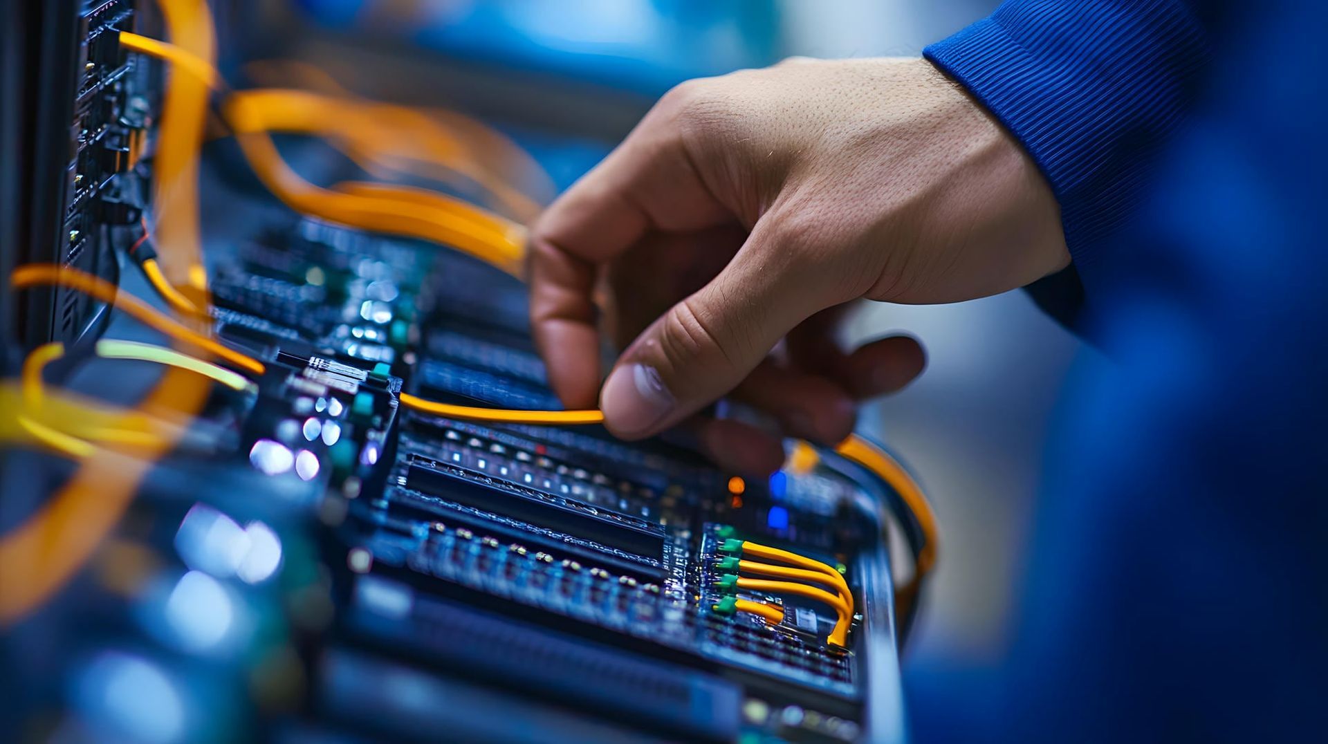 Person's hand connecting orange cables to a server. Dark blue setting with computer hardware.