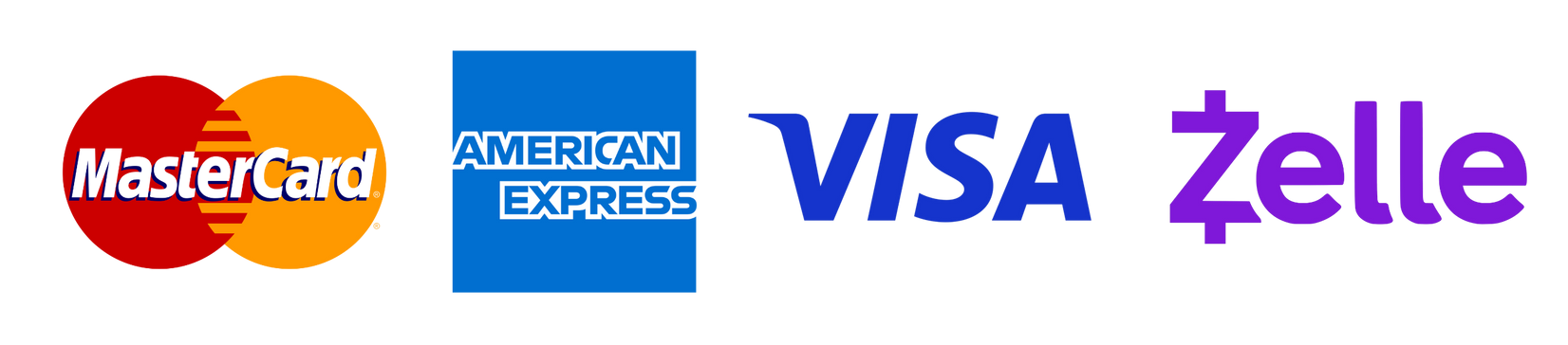 Logos for Mastercard, American Express, Visa, and Zelle payment methods.
