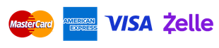 Logos for Mastercard, American Express, Visa, and Zelle payment methods.