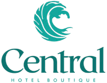The logo for central hotel boutique has a blue wave on it.