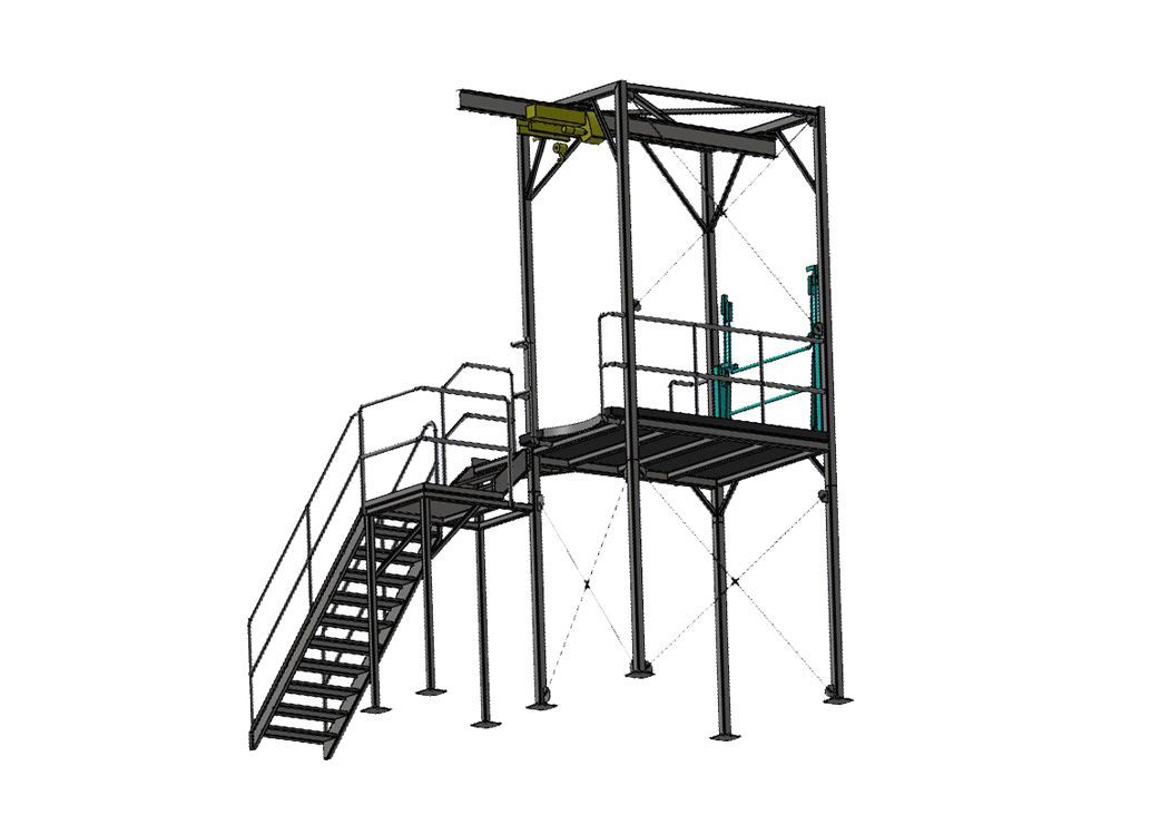 Un dessin d'une structure métallique avec des escaliers et une rampe.
