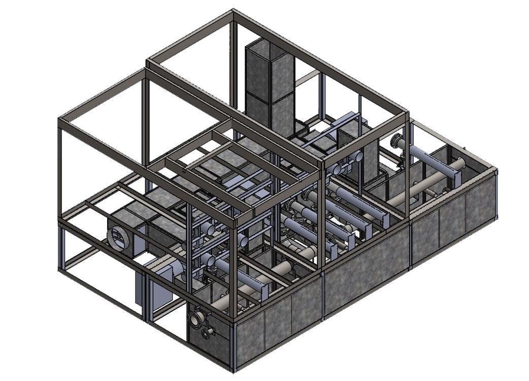 Un modèle 3D d'un bâtiment avec beaucoup de tuyaux qui en sortent.