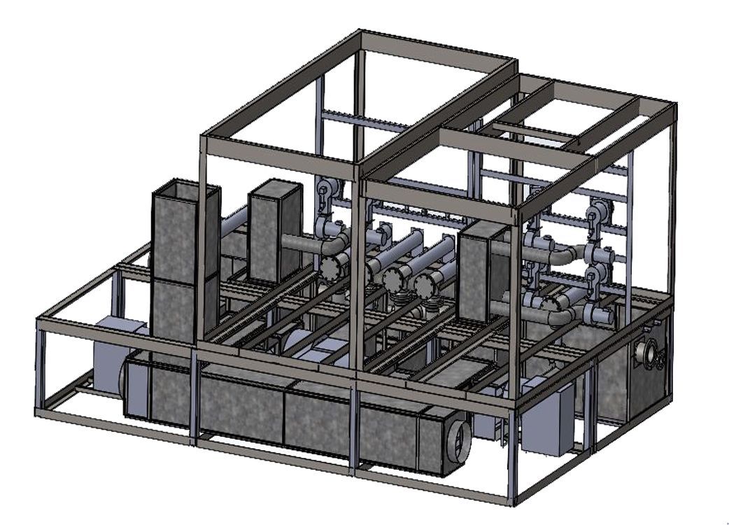 Un modèle 3D d'une machine avec beaucoup de boîtes et de tuyaux.