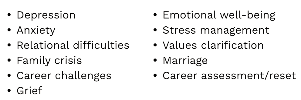 List of mental health topics, including depression, anxiety, and relational difficulties.
