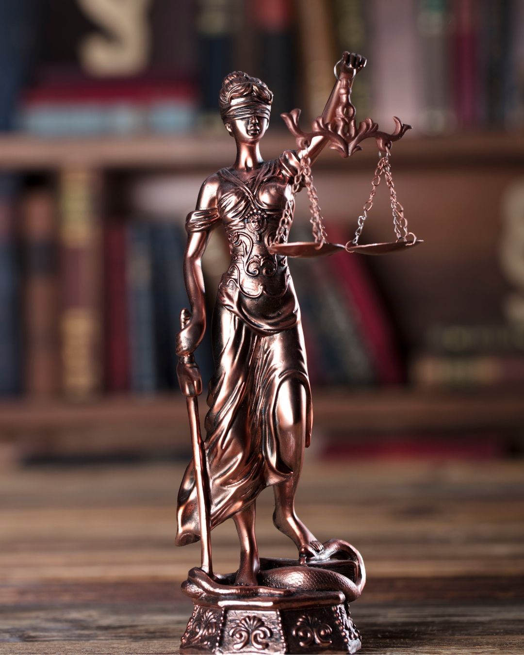 Bronze Lady Justice statue holding scales and a sword on a blurred bookshelf background