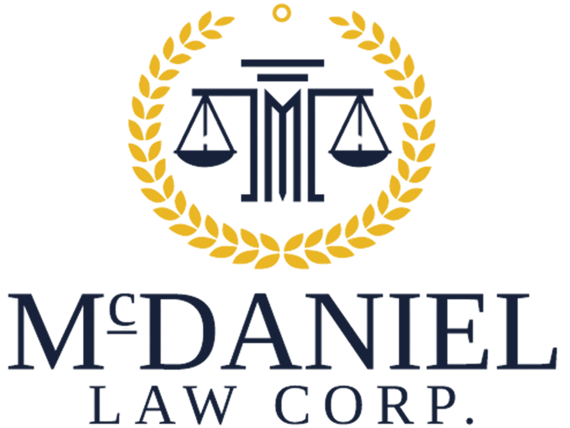 Logo for McDaniel Law Corp. featuring a gold laurel wreath framing a stylized pillar and scales of justice icon.