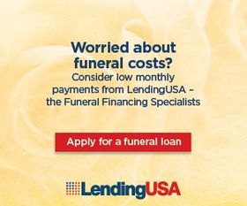LendingUSA image with roses in background and cream overlay. With red button that says Apply for a funeral loan