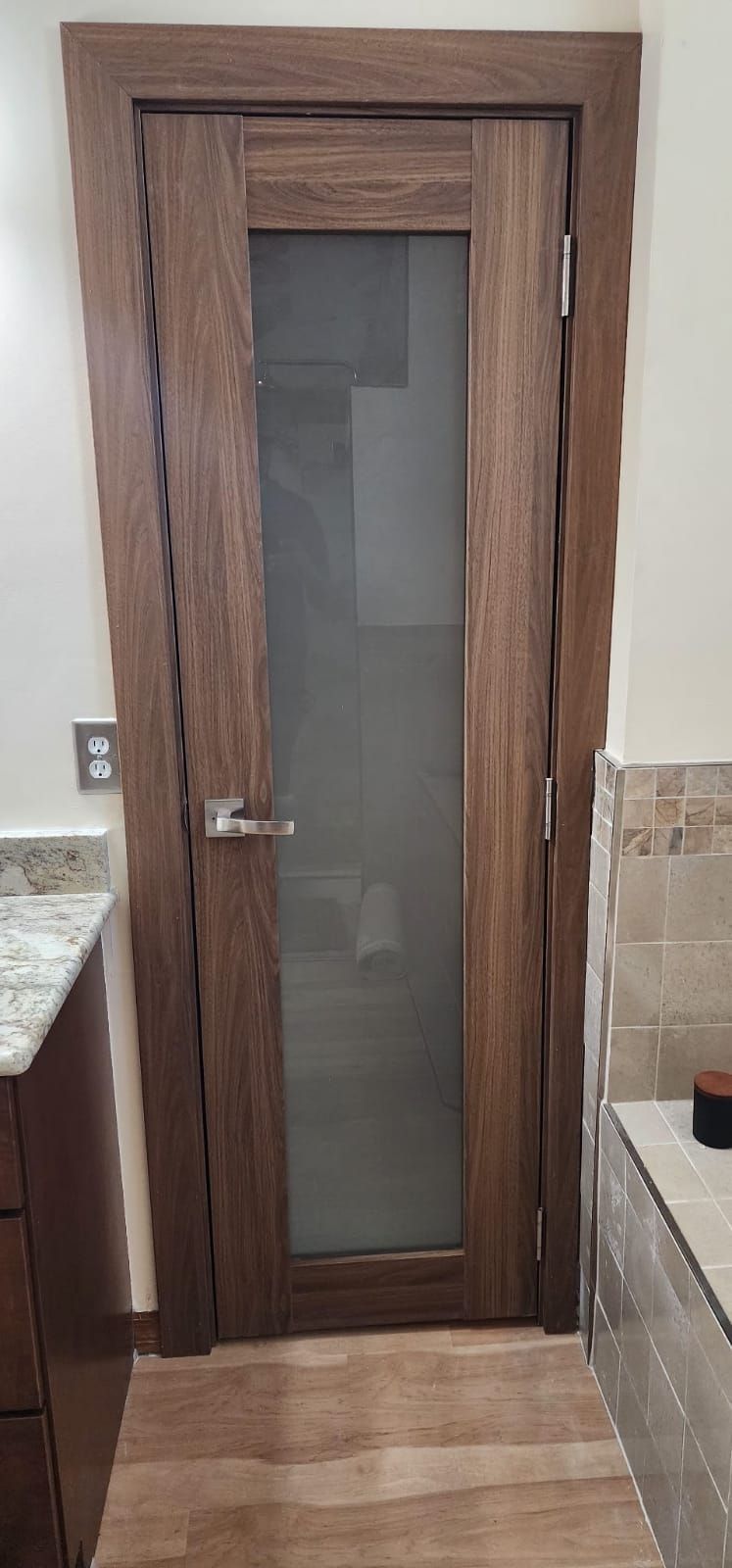 Dark wood door with frosted glass panel in a bathroom.