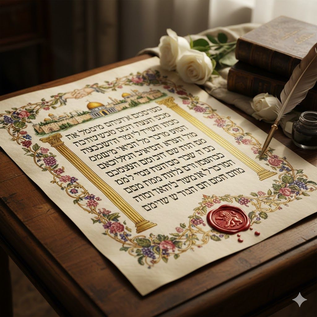 שטר כתובה מעוטר על שולחן עץ עם נוצה ודיו - מדריך תביעת כתובה בגירושין מאת יניב לטי