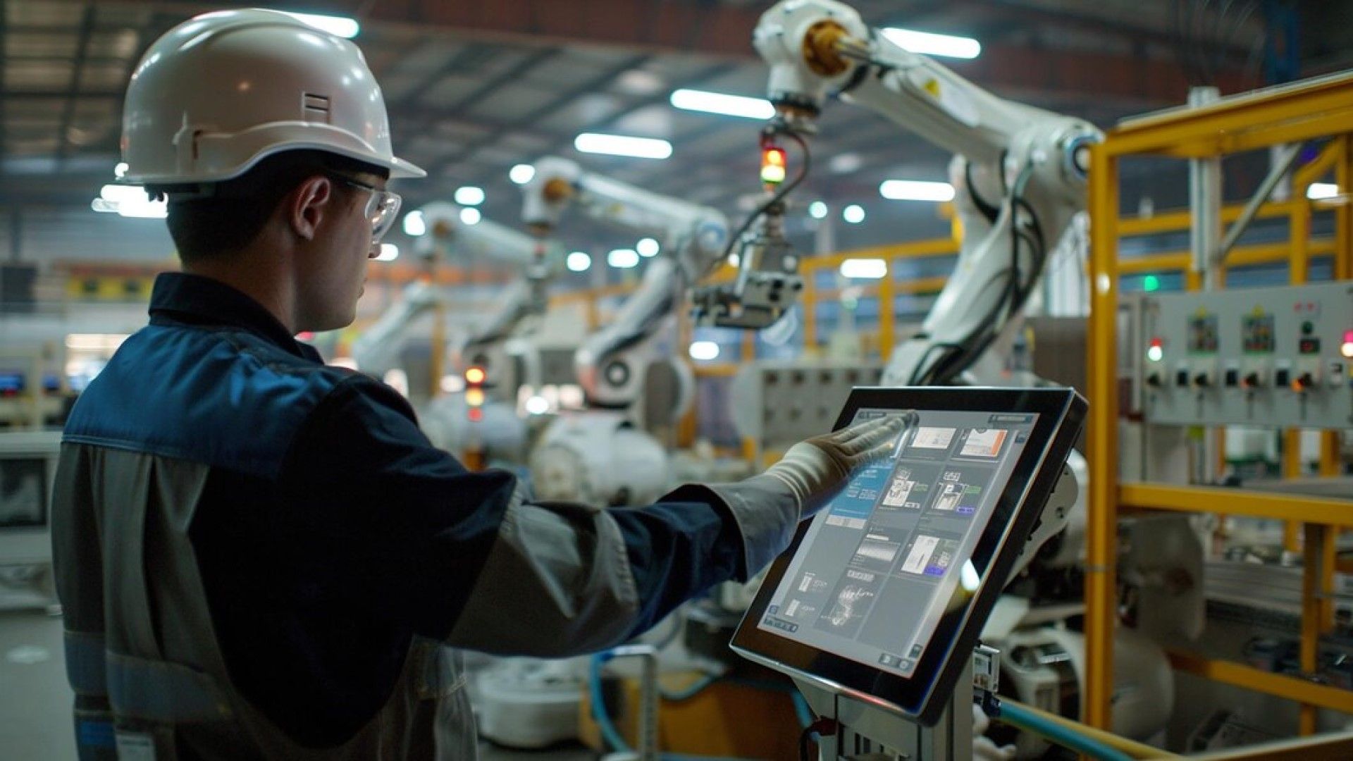 Un hombre está trabajando en un brazo robótico en una fábrica.