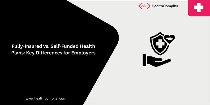Infographic on health plans for employers; black and white design with icon of hand holding shield with heart.