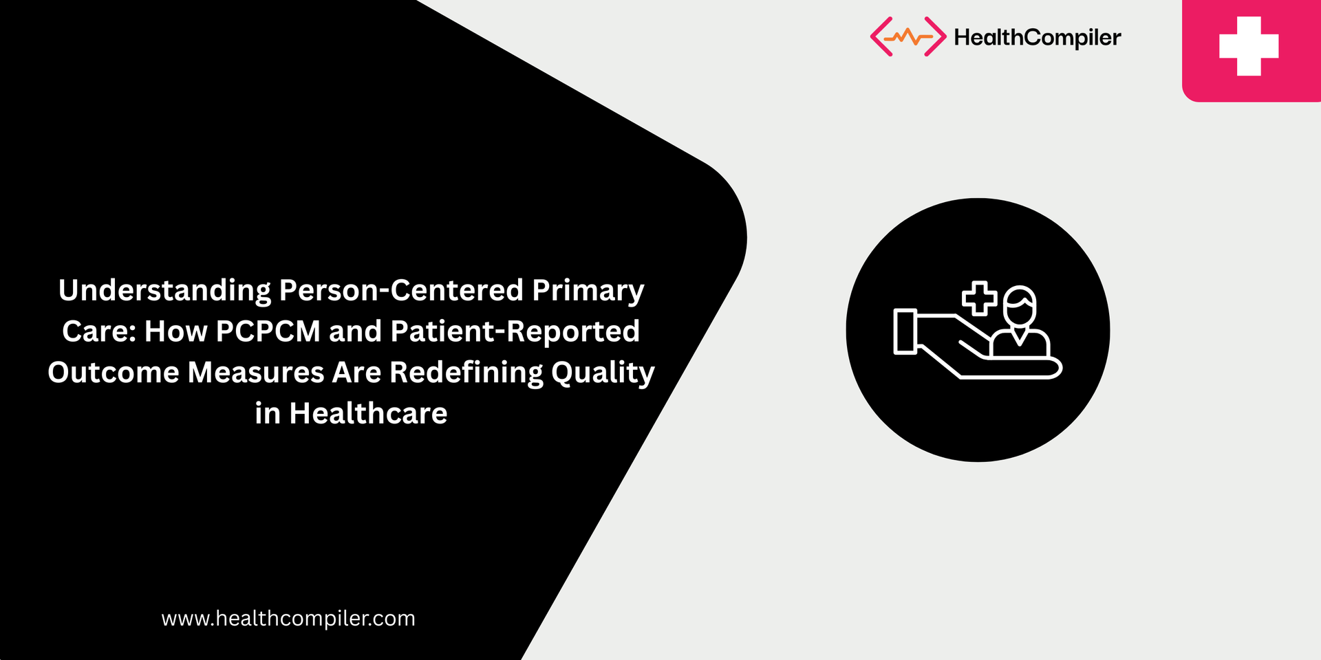Title slide for a healthcare presentation. Black background with text and a circular icon. White plus symbol.