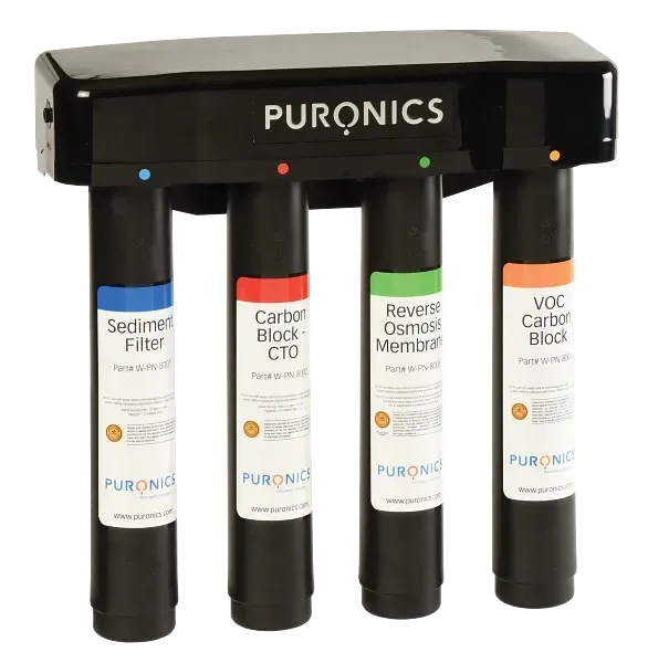 A water filter system with four black cylindrical filter cartridges labeled for sediment, carbon, reverse osmosis, and VOC.