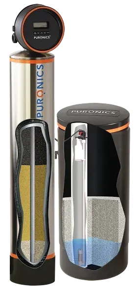 A Puronics water filtration system with cutaway views showing interior components and a digital display.