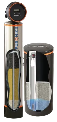 A Puronics water filtration system with cutaway views showing interior components and a digital display.