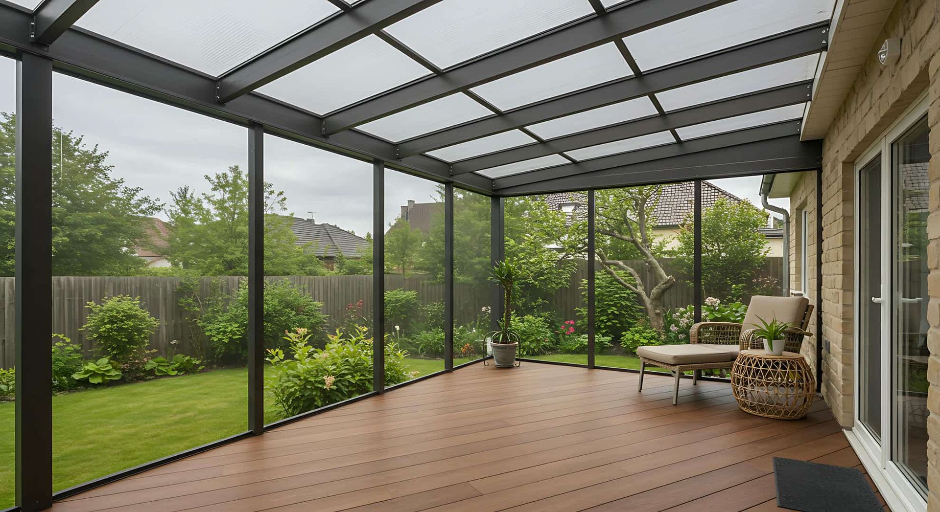 Screened-in porch with brown decking and a clear roof, overlooking a green yard and garden.