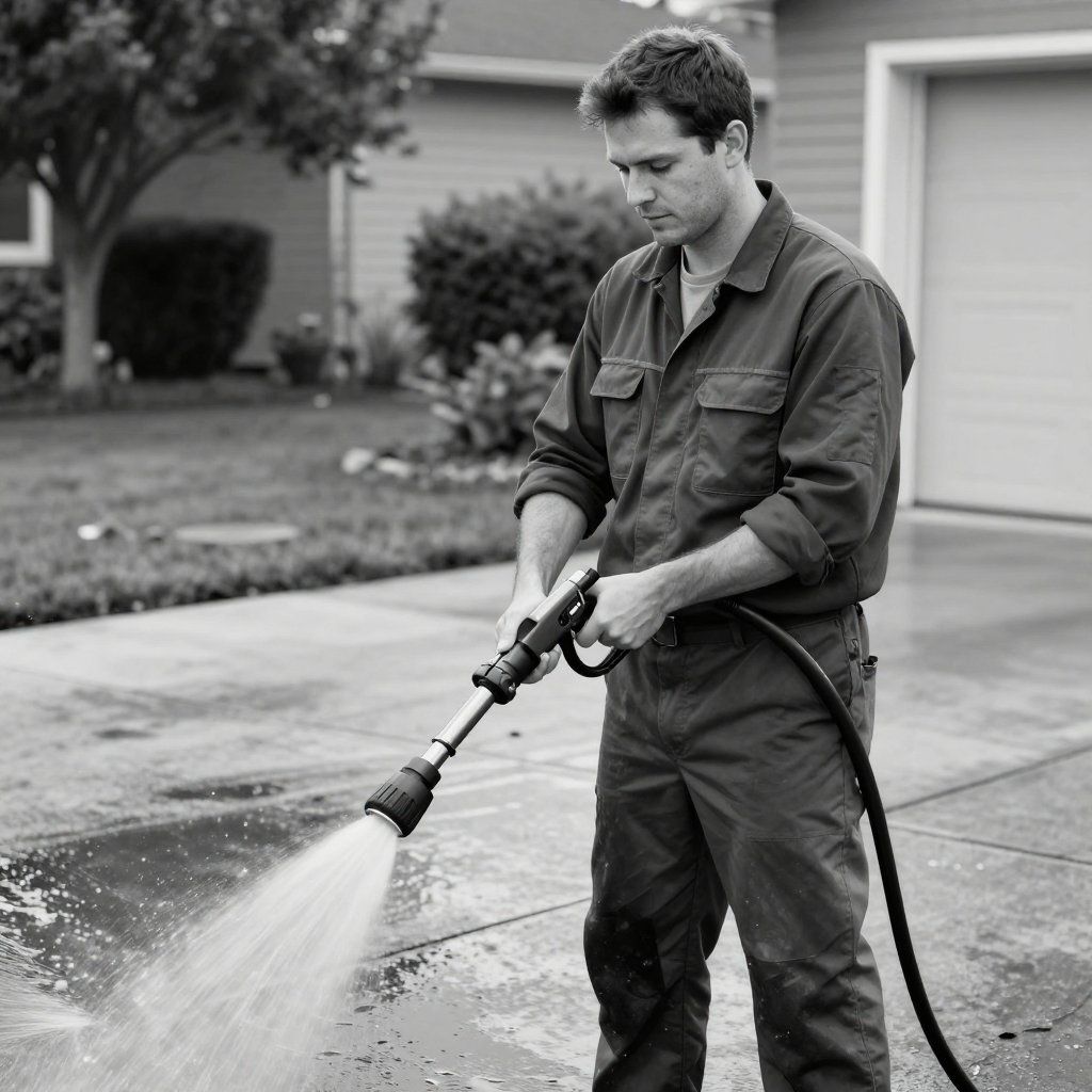 Man in coveralls power washing a concrete driveway.