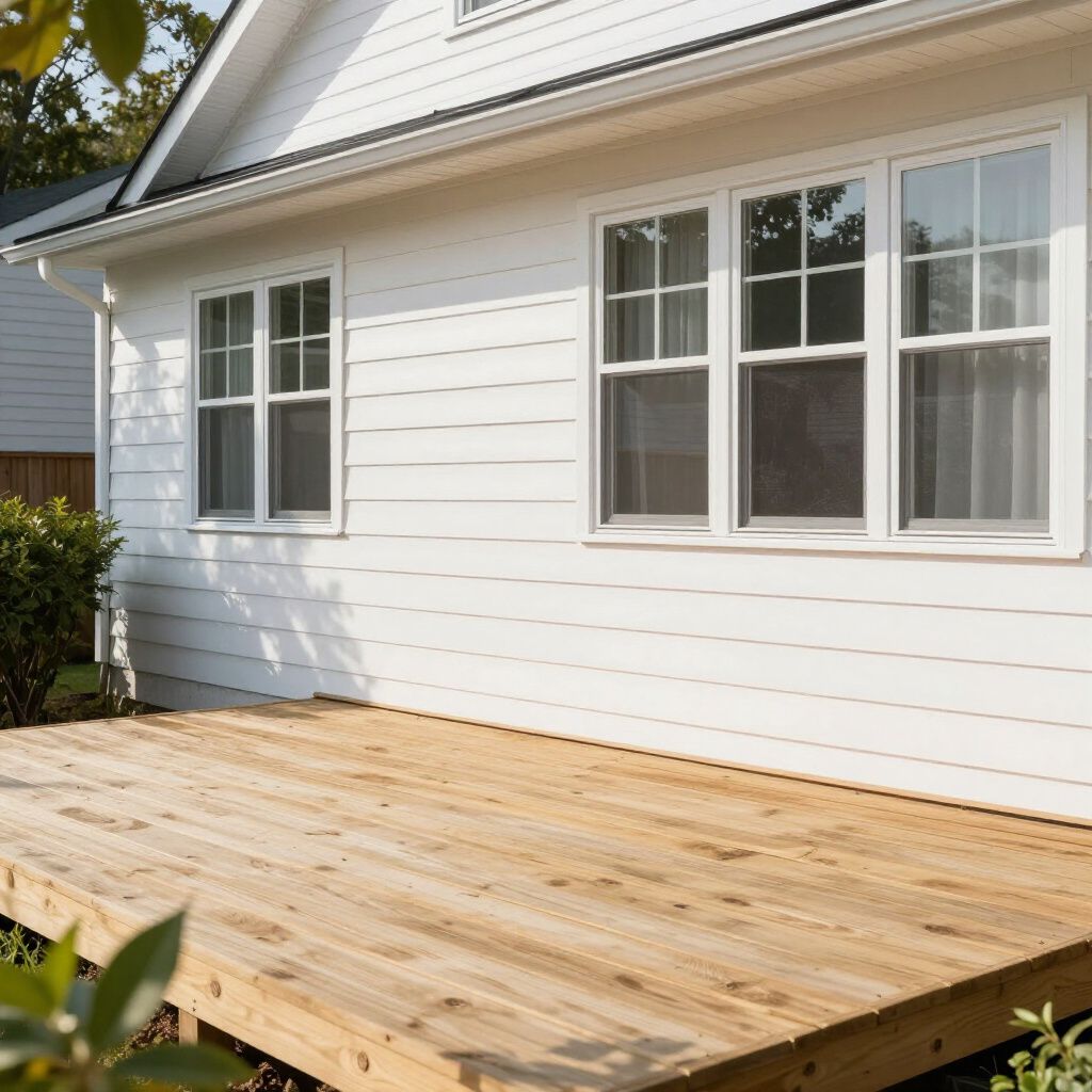 Wooden deck next to a white house with multiple windows.