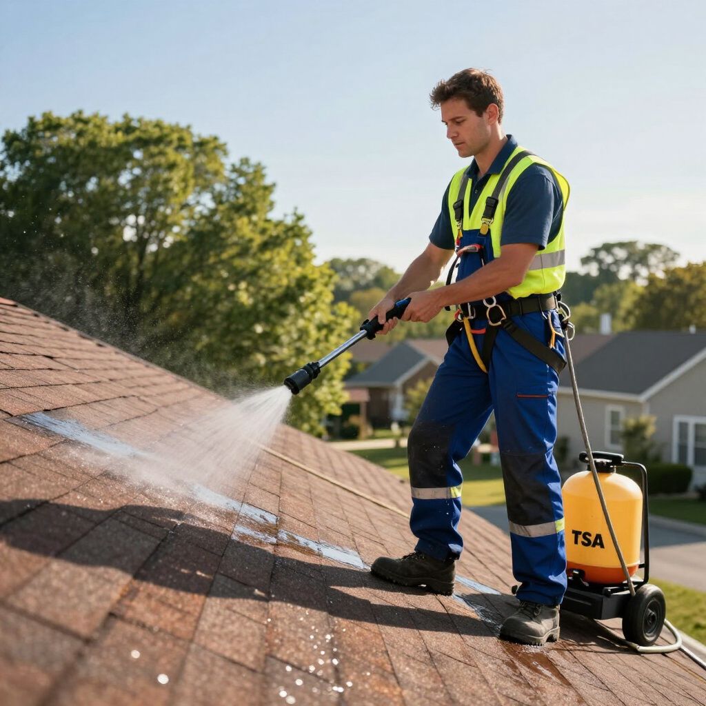 Man on a rooftop power washing shingles, wearing safety gear and using a yellow pressure washer.