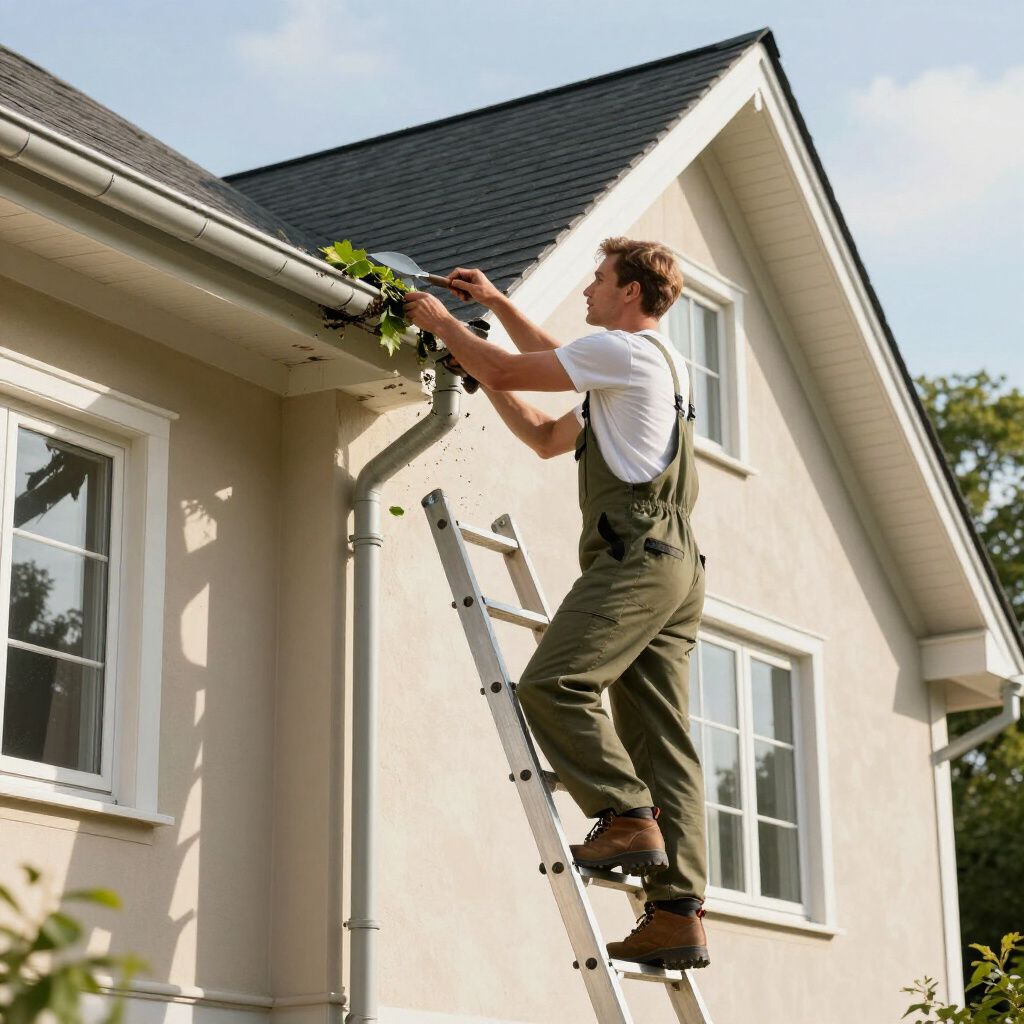 Man on a ladder cleaning a gutter on a house with white trim.