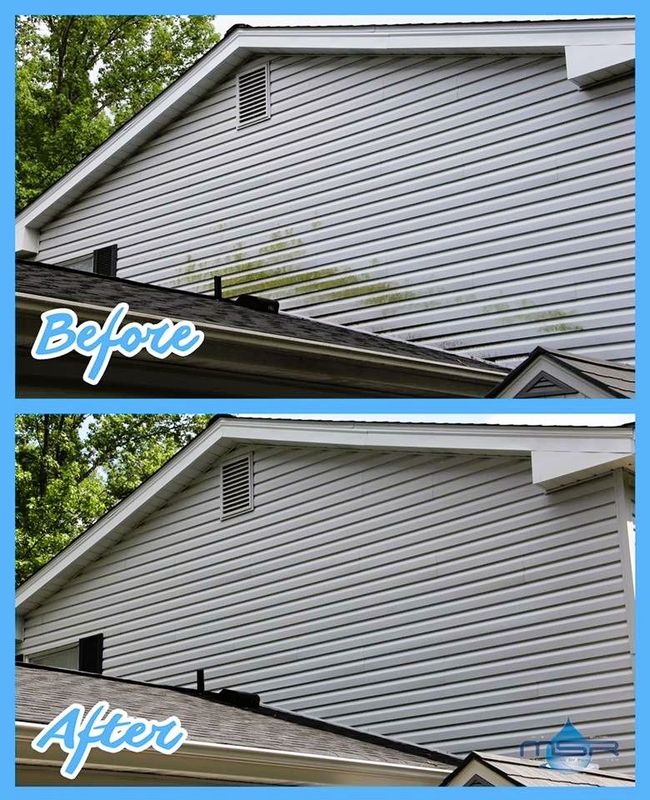 Comparison of a house's siding before and after cleaning. The 