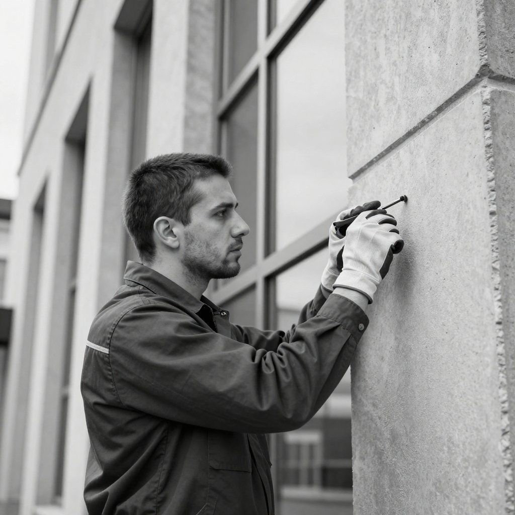 Man in gloves using a drill on a building's exterior wall.