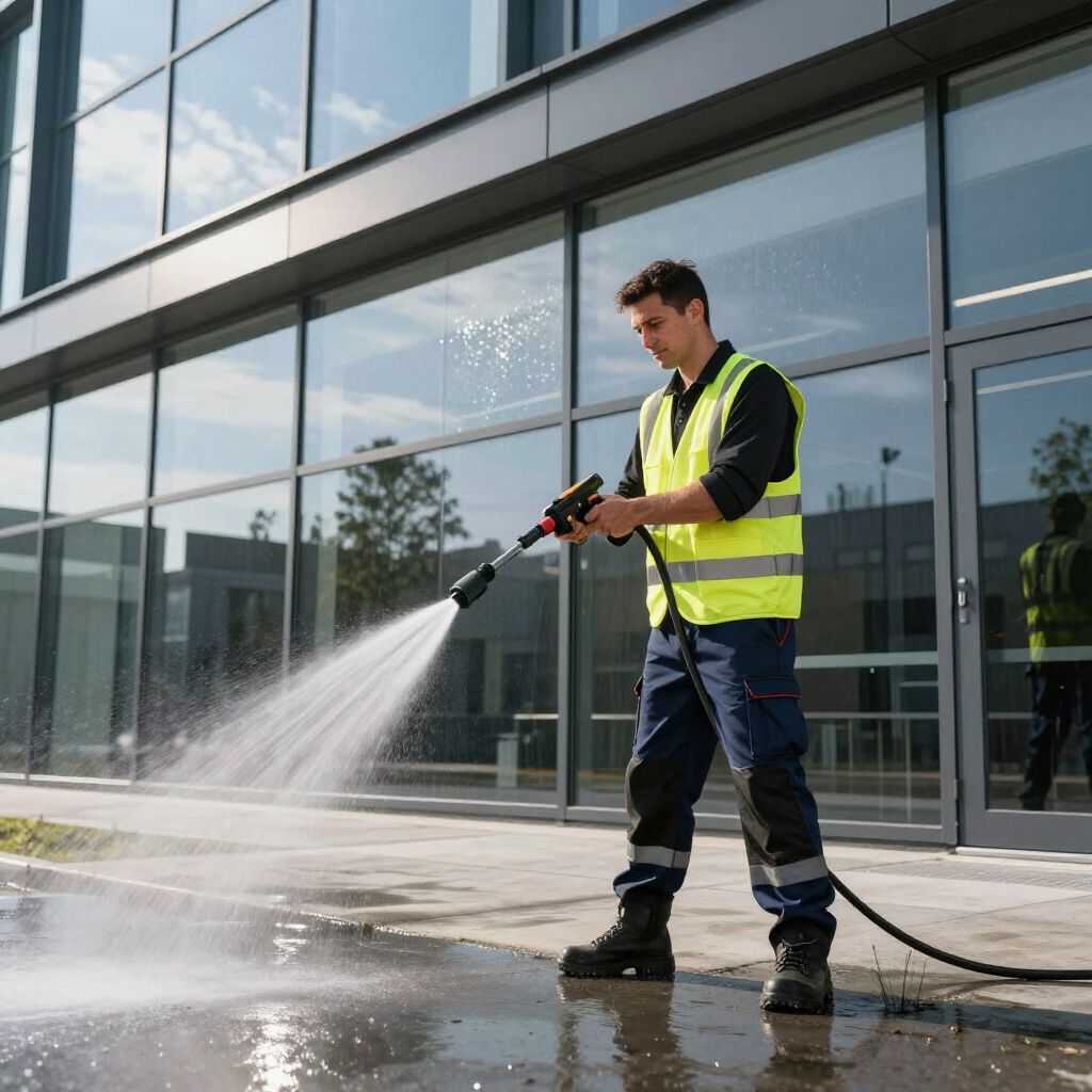 Worker in a yellow vest pressure washes a concrete walkway in front of a modern building.