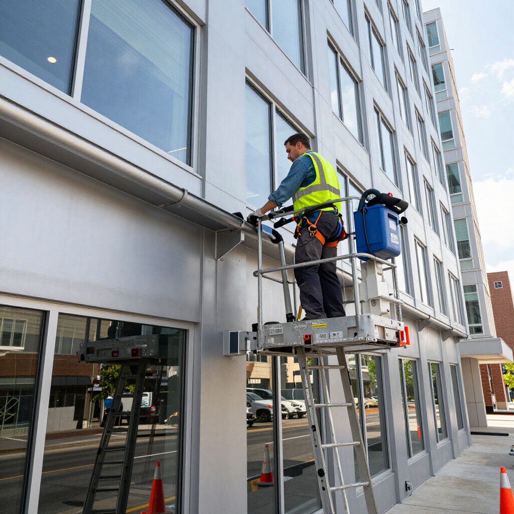 Man in safety vest on lift, working on building exterior. Light blue and silver facade, windows, and sunny day.
