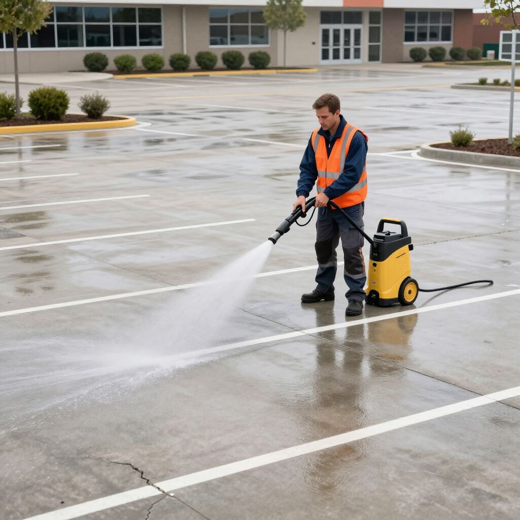 A person in a safety vest power washes a parking space. A yellow pressure washer sits nearby.