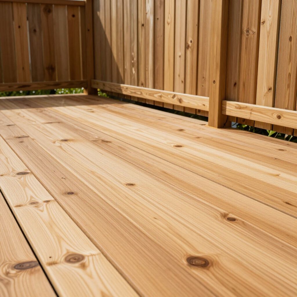 Wooden deck with a matching wooden railing, bathed in sunlight.