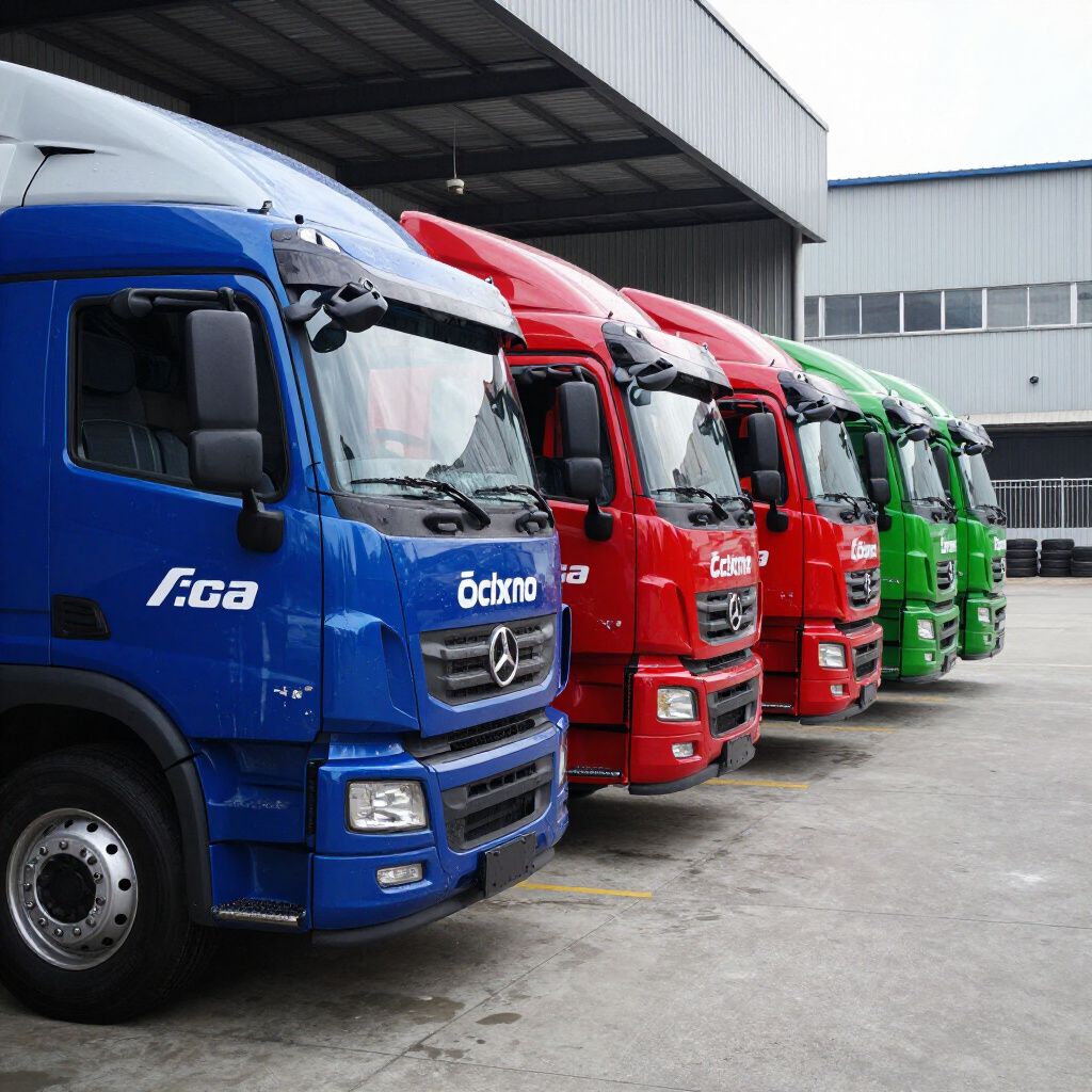 Line of colorful trucks: blue, red, and green, parked outside a building.