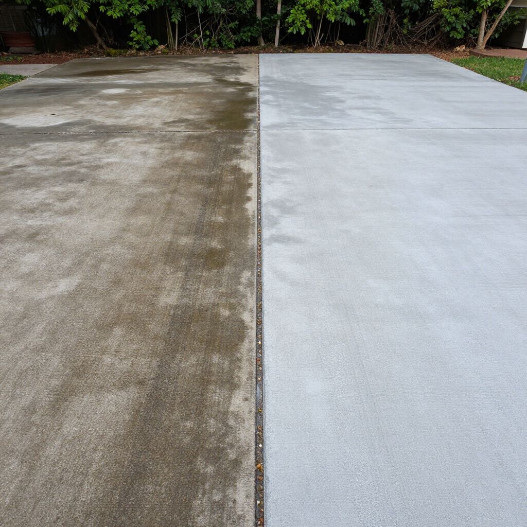 Driveway cleaned with pressure washer; left side is dirty, right side is clean concrete.