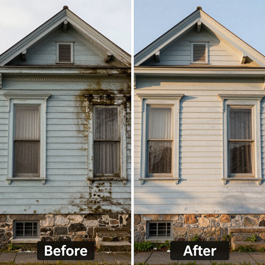 Before and after comparison of a house facade: dirty vs. clean. The house is light blue with stone foundation.