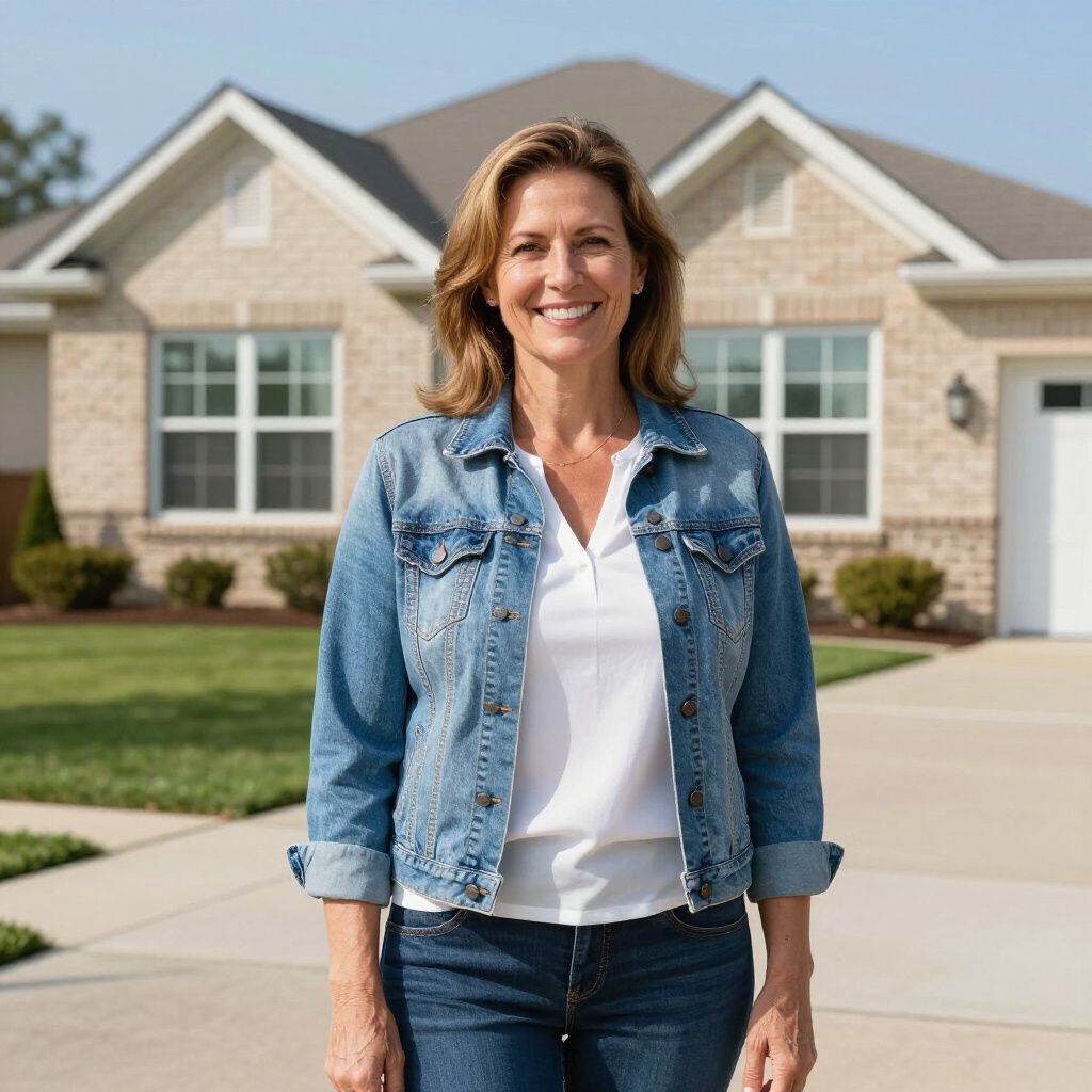 Woman in denim jacket stands smiling in front of a house.