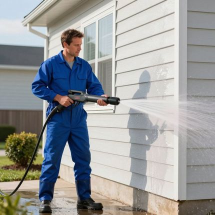 Man in blue jumpsuit power washing the side of a house.