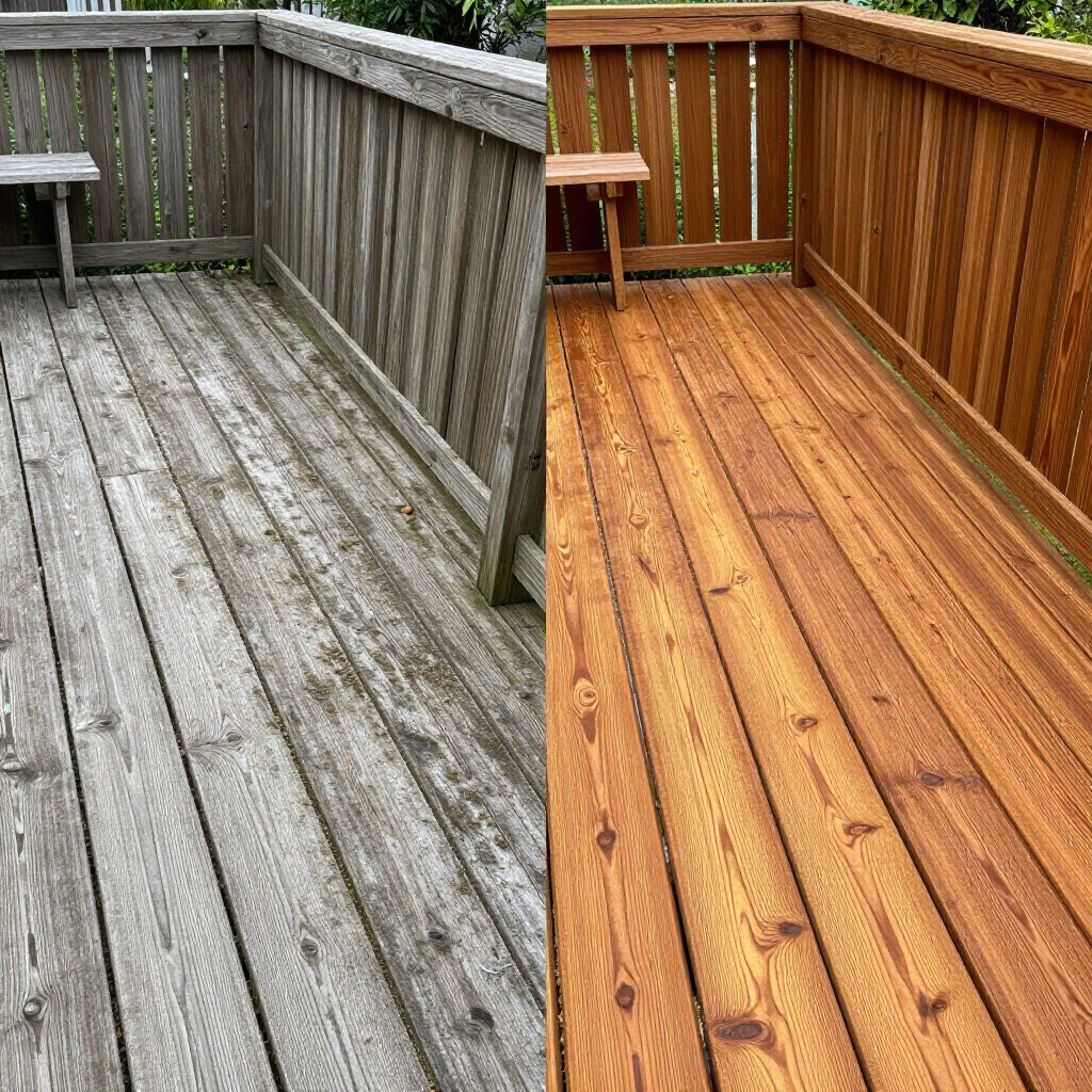 Comparison of a wooden deck before and after staining; weathered grey on the left, stained warm brown on the right.