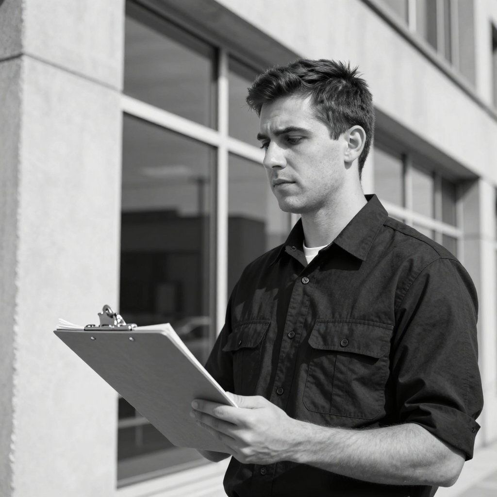 Man in black shirt holding a clipboard, standing outside a building, looking down.